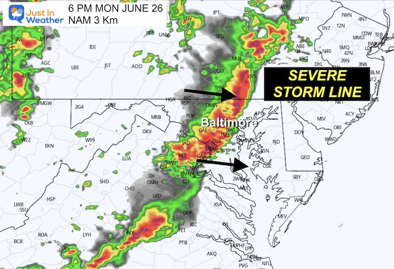 June 25 weather radar storm forecast Monday 6 PM