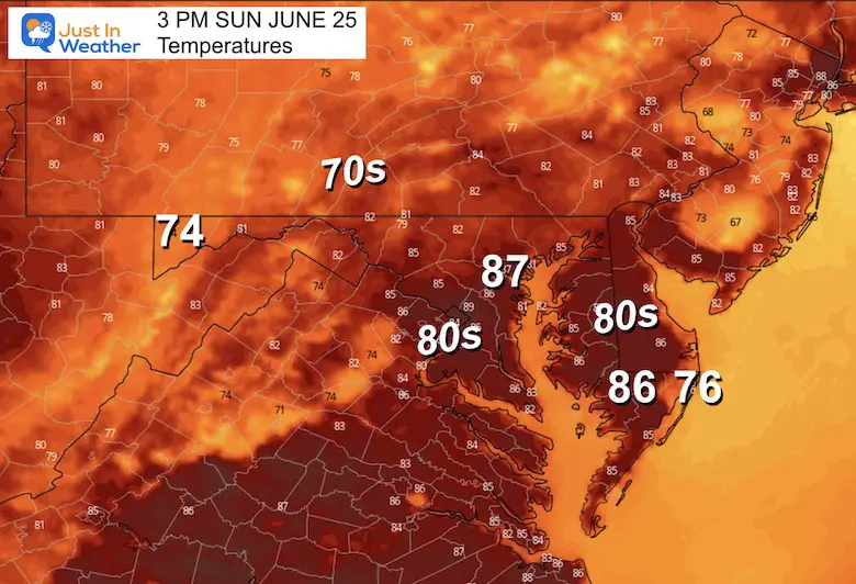 June 25 weather temperature forecast Sunday afternoon
