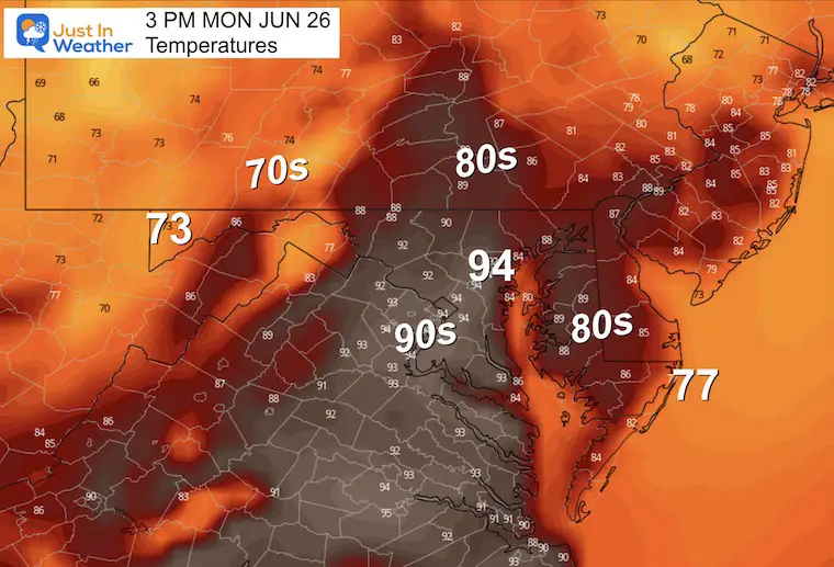 June 26 weather temperatures Monday afternoon