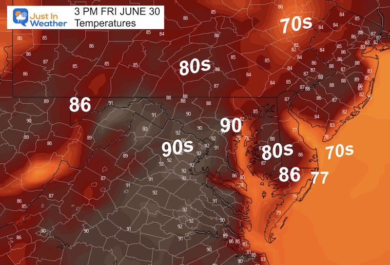 June 29 weather forecast temperatures Friday afternoon