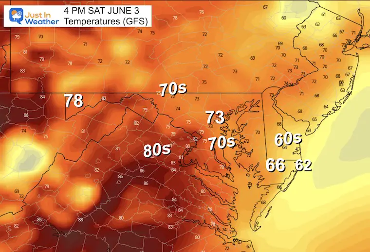 June 3 weather temperatures Saturday afternoon GFS