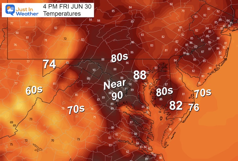 June 30 weather forecast temperatures Friday