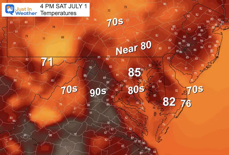 June 30 weather forecast temperatures Saturday afternoon