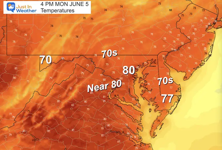 June 5 temperatures Monday afternoon