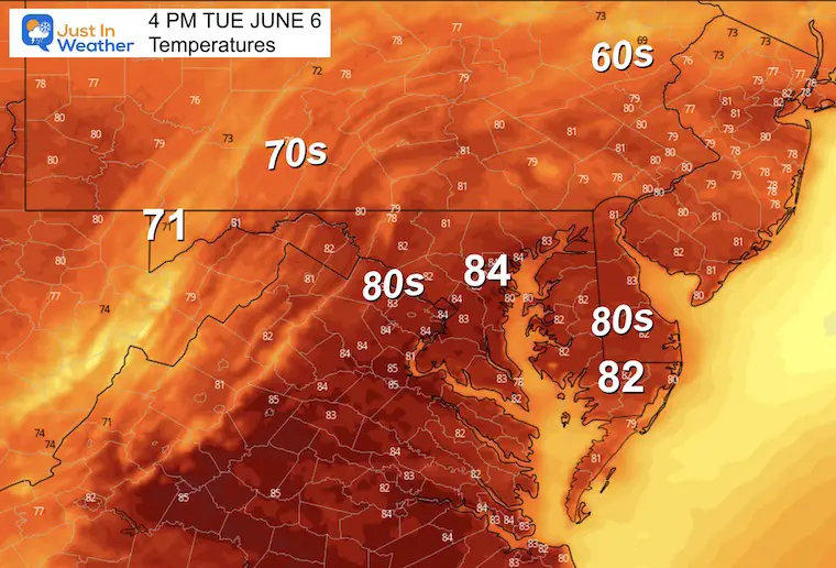 June 6 weather temperatures Tuesday afternoon