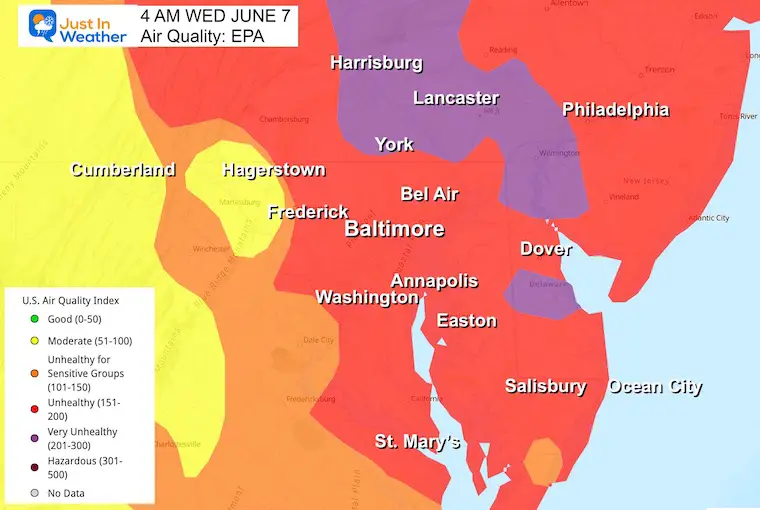 June 7 air quality map Wednesday Maryland