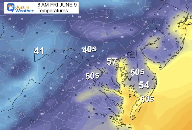 June 8 weather temperatures Friday morning