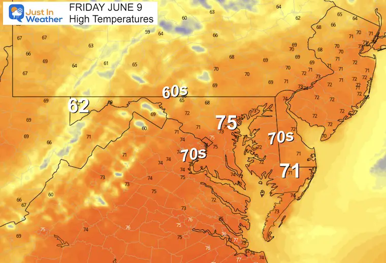 June 9 weather temperatures Friday afternoon