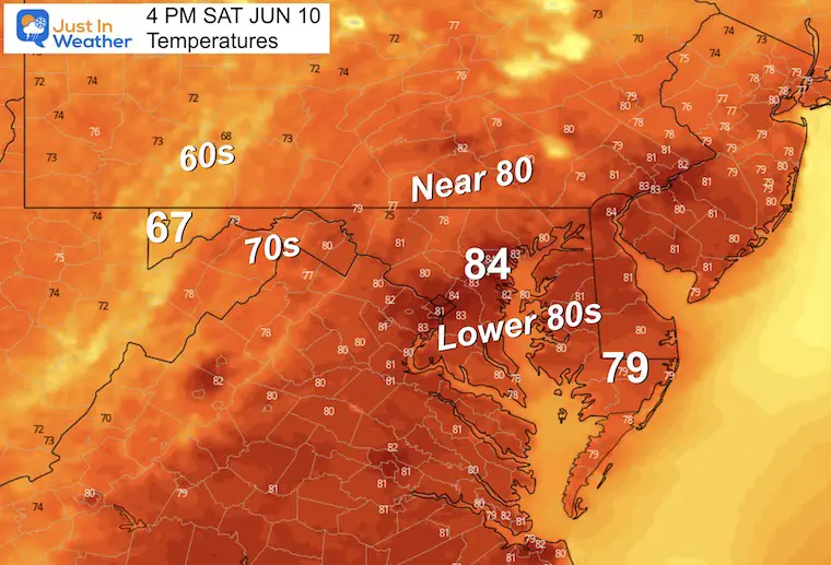June 9 weather temperatures Saturday afternoon