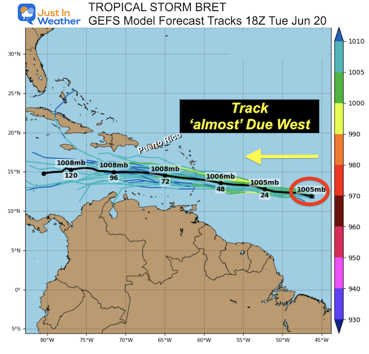 Tropical Storm Bret GEFS model Forecast tracks