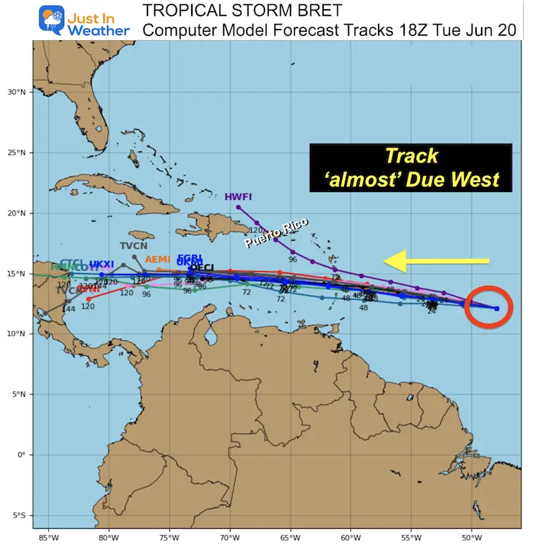 Tropical Storm Bret model Forecast tracks