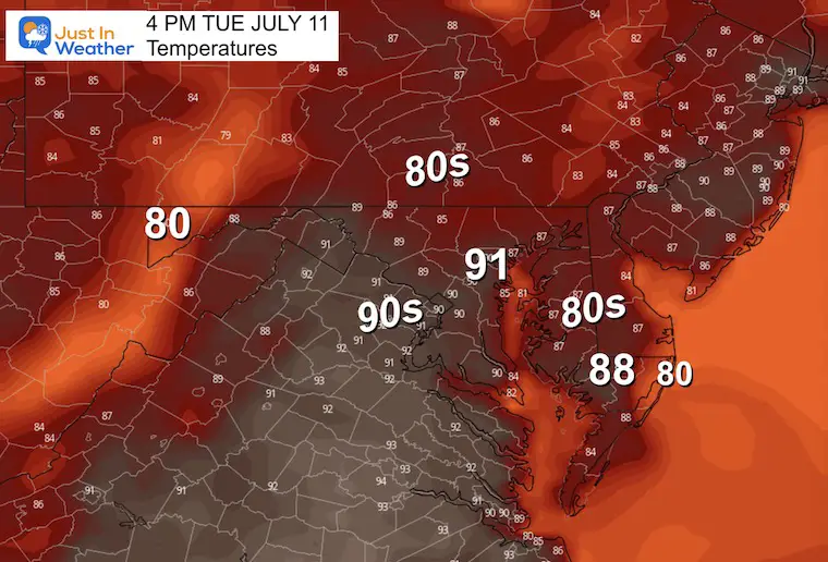 July 10 weather forecast temperatures Tuesday afternoon