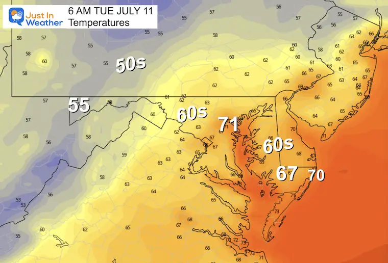 July 10 weather forecast temperatures Tuesday morning