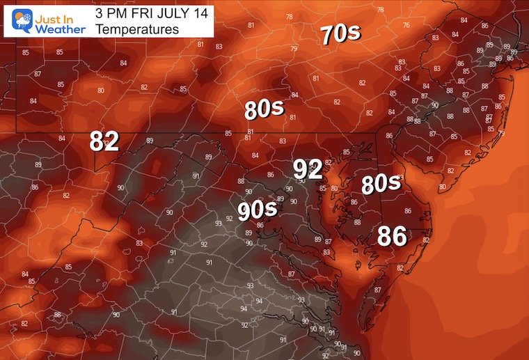 July 13 weather forecast temperatures Friday afternoon