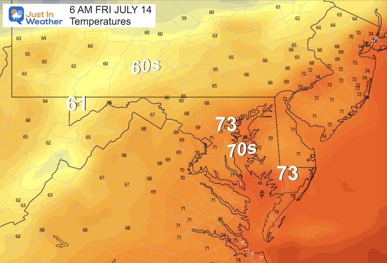 July 13 weather forecast temperatures Friday morning