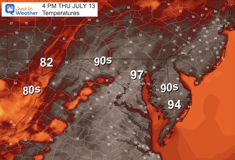 July 13 weather forecast temperatures Thursday afternoon