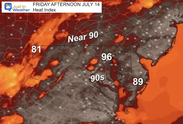 July 14 weather heat index Friday afternoon