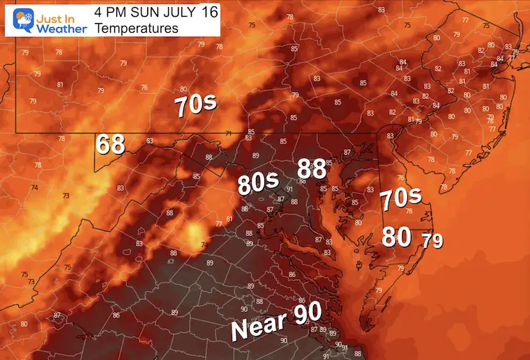 July 15 weather forecast temperatures Sunday afternoon