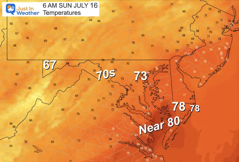 July 15 weather forecast temperatures Sunday morning