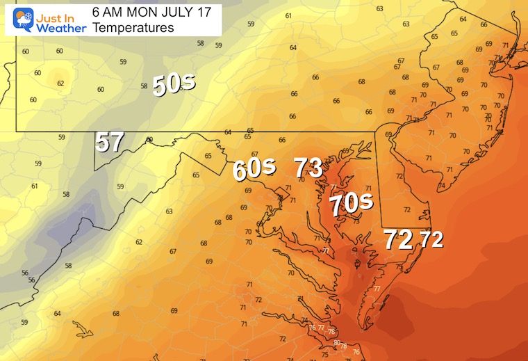 July 17 weather forecast temperatures Monday morning