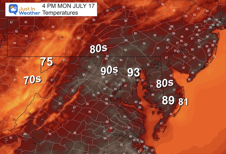 July 17 weather forecast temperatures Monday afternoon