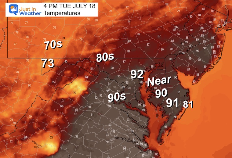 July 17 weather forecast temperatures Tuesday afternoon