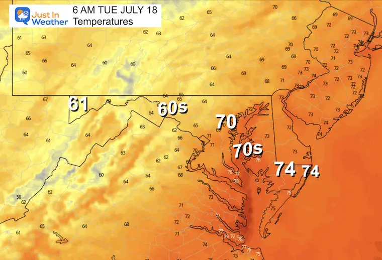 July 17 weather forecast temperatures Tuesday morning