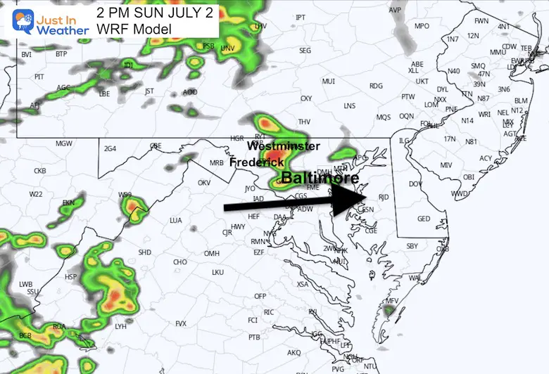 July 2 weather radar forecast Sunday 2 PM