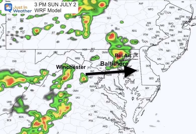 July 2 weather radar forecast Sunday 3 PM