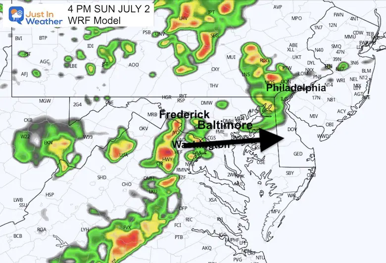 July 2 weather radar forecast Sunday 4 PM