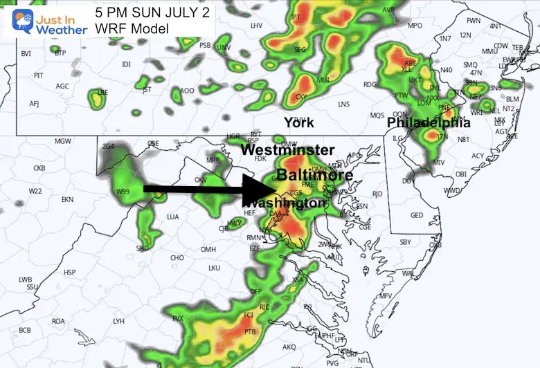 July 2 weather radar forecast Sunday 5 PM