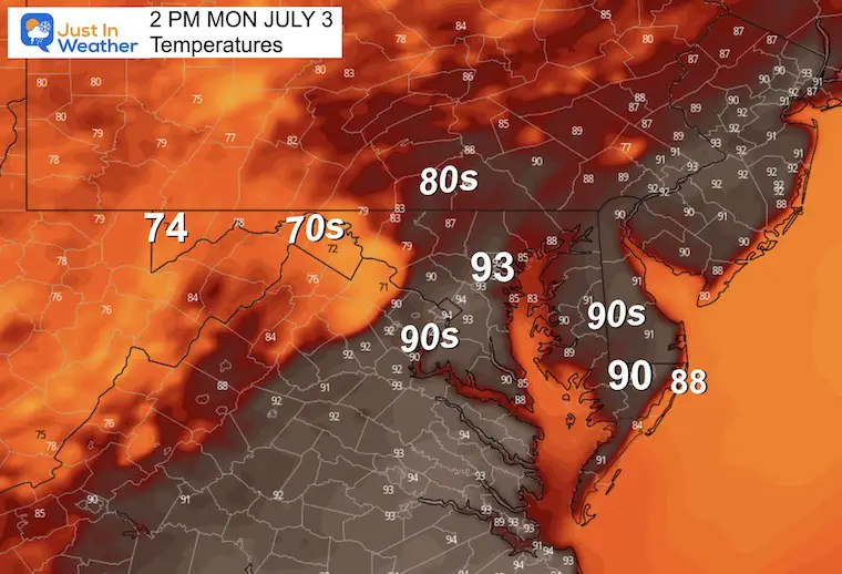 July 2 weather forecast temperatures Monday afternoon