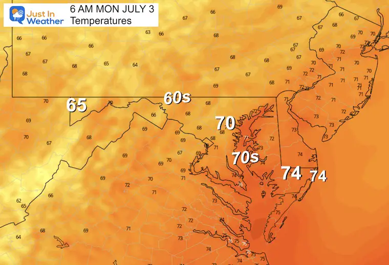 July 2 weather forecast temperatures Monday morning