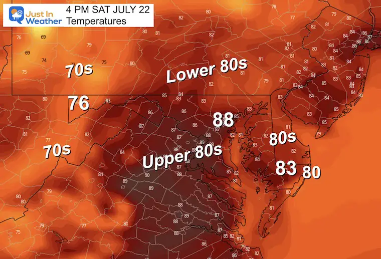 July 21 weather forecast temperatures Saturday afternoon