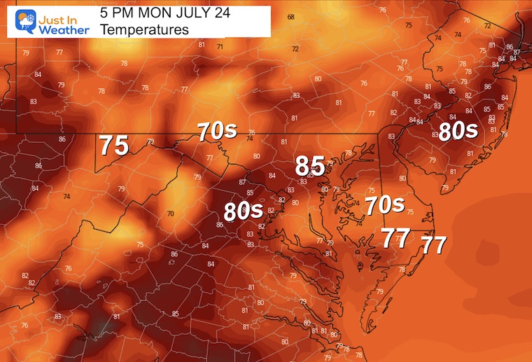July 23 weather forecast temperatures Monday afternoon