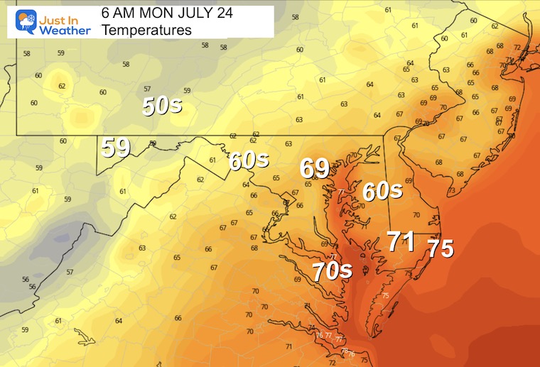 July 23 weather forecast temperatures Monday morning