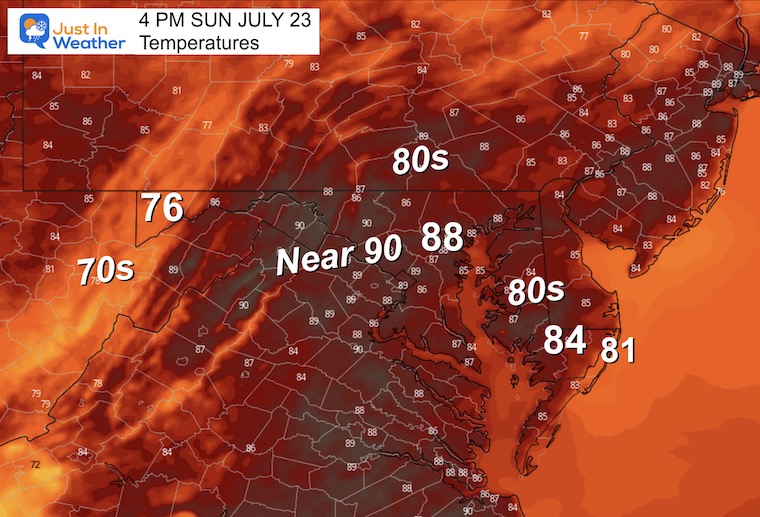 July 23 weather forecast temperatures Sunday afternoon
