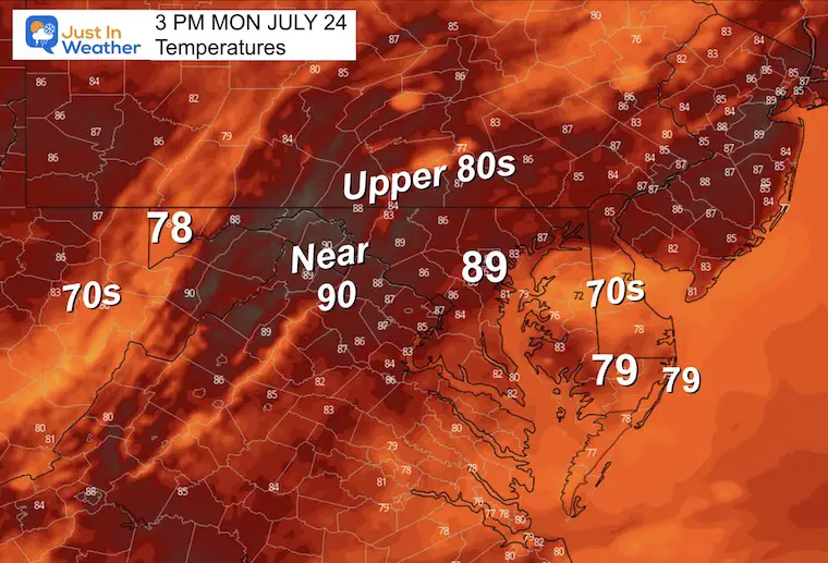 July 24 weather forecast temperatures Monday afternoon