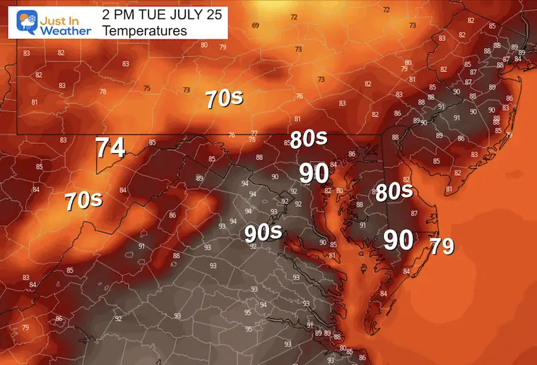 July 24 weather forecast temperatures Tuesday afternoon