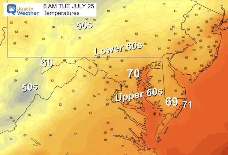 July 24 weather forecast temperatures Tuesday morning