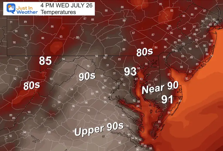 July 25 weather temperature forecast Wednesday afternoon
