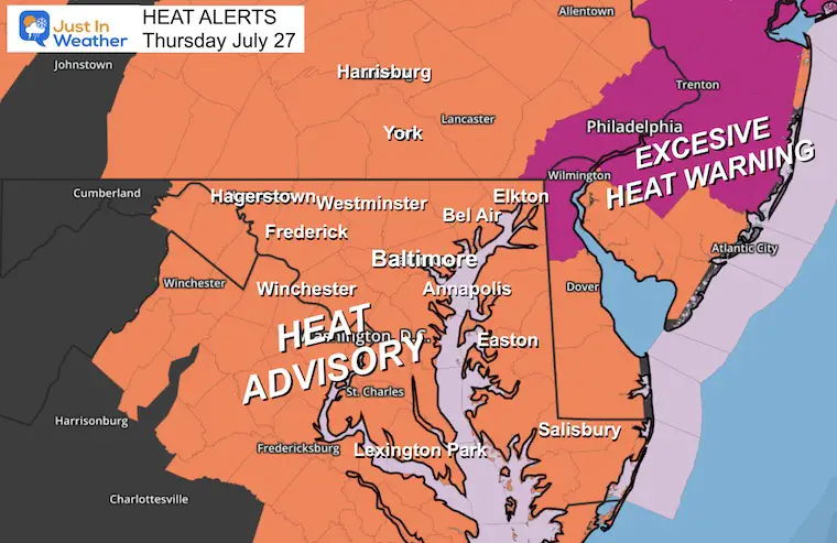 July 27 weather alerts Thursday NOAA Heat Advisory