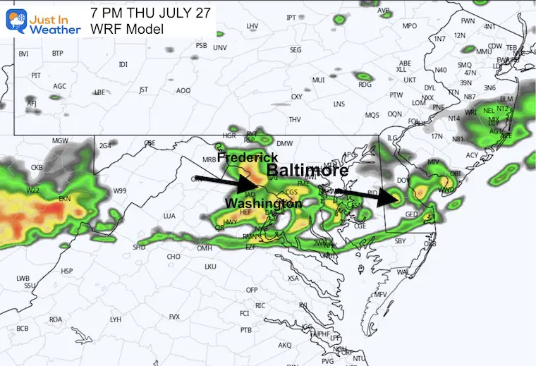 July 27 weather forecast storm radar Thursday 7 PM