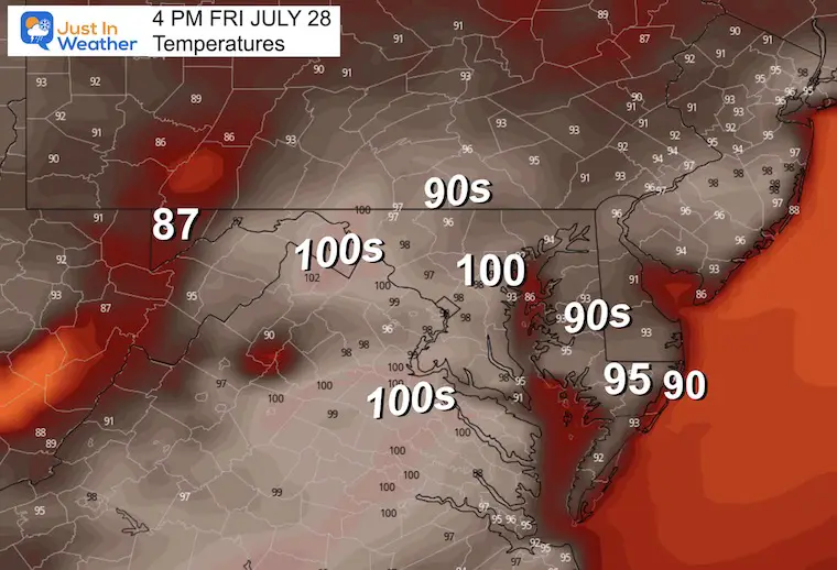 July 27 weather forecast temperatures Friday afternoon