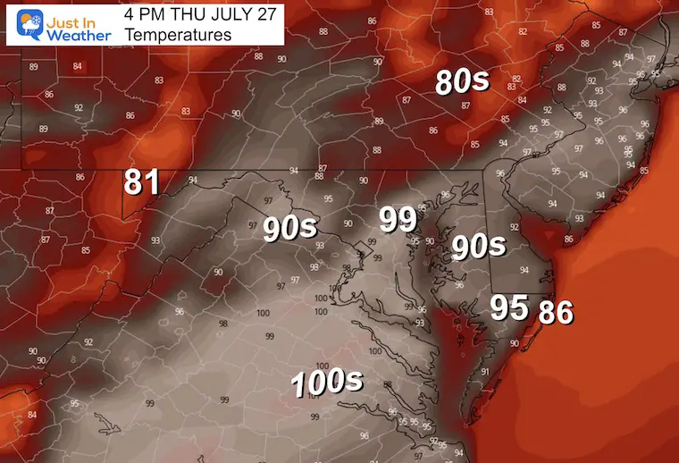 July 27 weather forecast temperatures Thursday afternoon