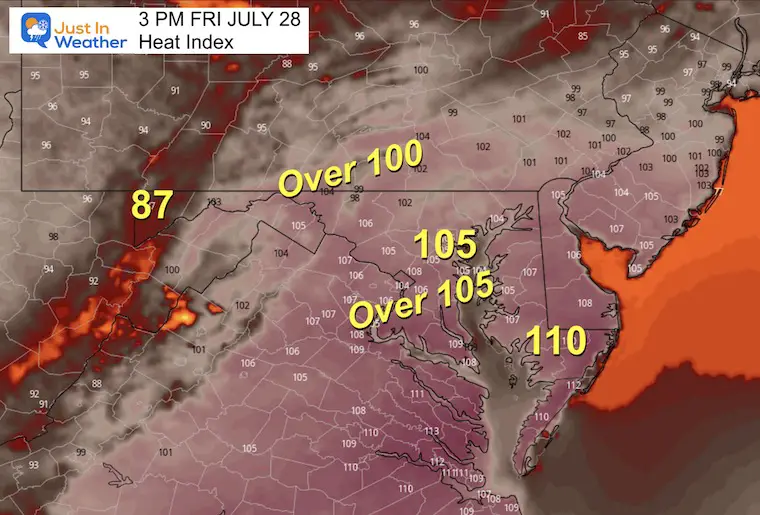 July 28 weather heat index Friday afternoon
