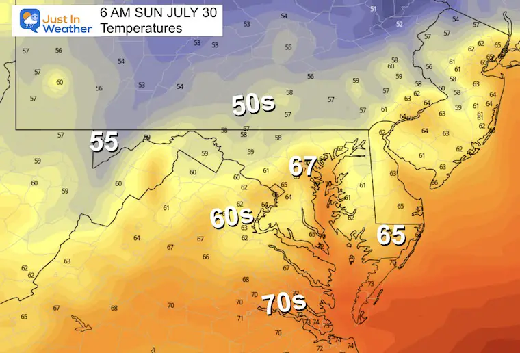 July 29 weather forecast temperatures Saturday morning