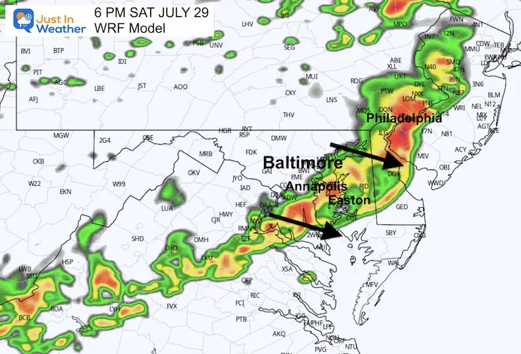 July 29 weather forecast storm radar Saturday 6 PM