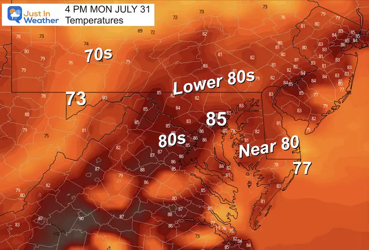 July 30 weather temperatures Monday afternoon