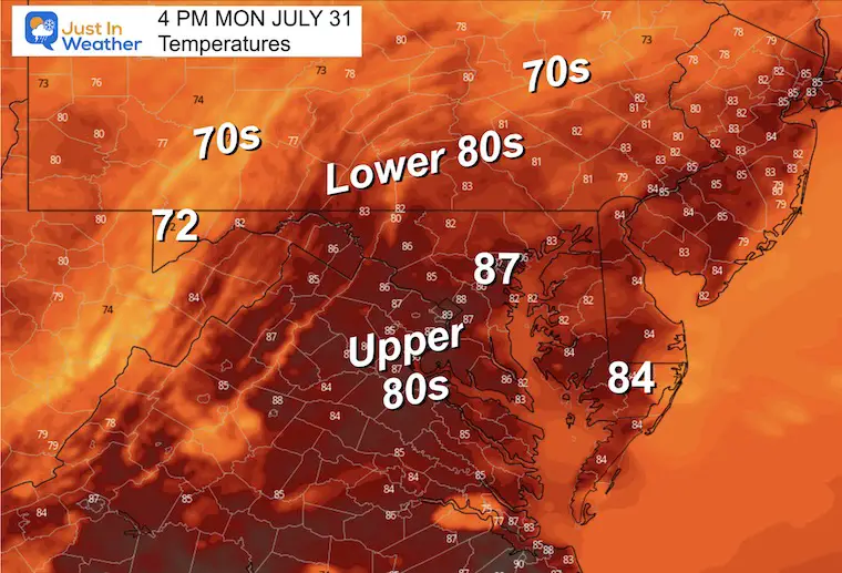 July 31 weather forecast temperatures Monday afternoon